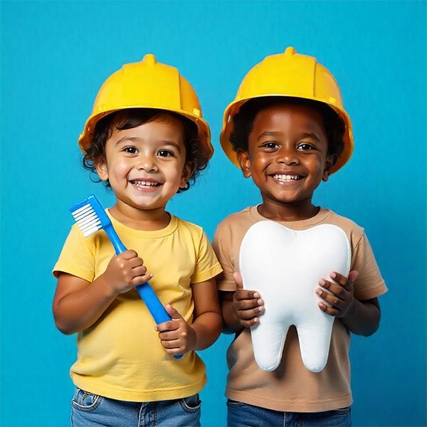 Pediatric Dentist Grosse Pointe Woods MI Children With Hard Hats HP Children With Hard Hats Holding A Large Tooth And Toothbrush In Front Of Blue Background