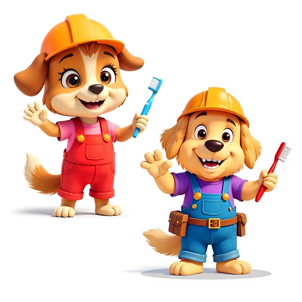 Cartoon Dogs With Toothbrushes Smiling In Overalls
